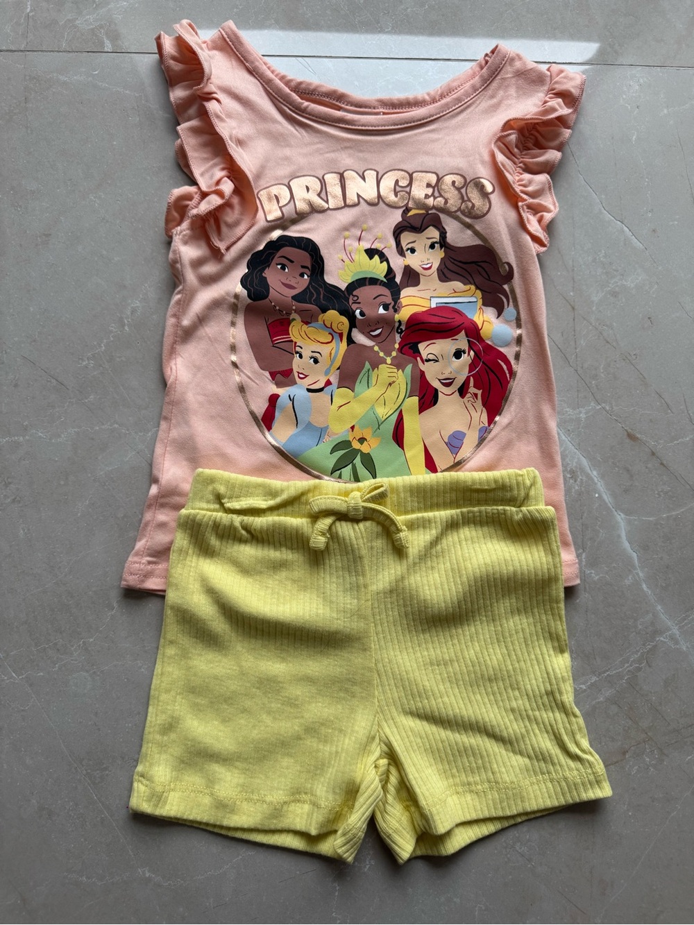 Girls Peach Disney Princess Top with Yellow Knit Shorts